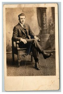 Vintage 1920's RPPC Postcard - Portrait of Young Man in Chair