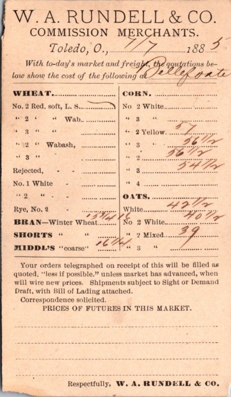 1885 Receipt Postcard W.A. Rundell & Co Toledo, Ohio Corn Oats Bran