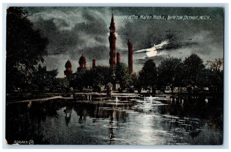 1909 Moonlight At The Water Works Belle Isle Detroit Michigan MI Postcard