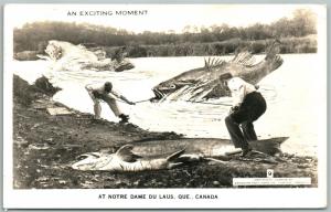 NOTRE DAME DU LAUS CANADA FISHING EXAGGERATED VINTAGE REAL PHOTO POSTCARD RPPC