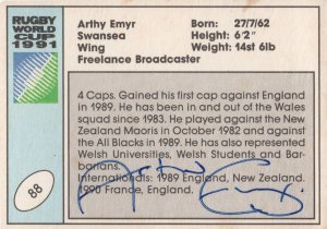 Arthy Emyr Wales Welsh Hand Signed Rugby 1991 World Cup Card Photo