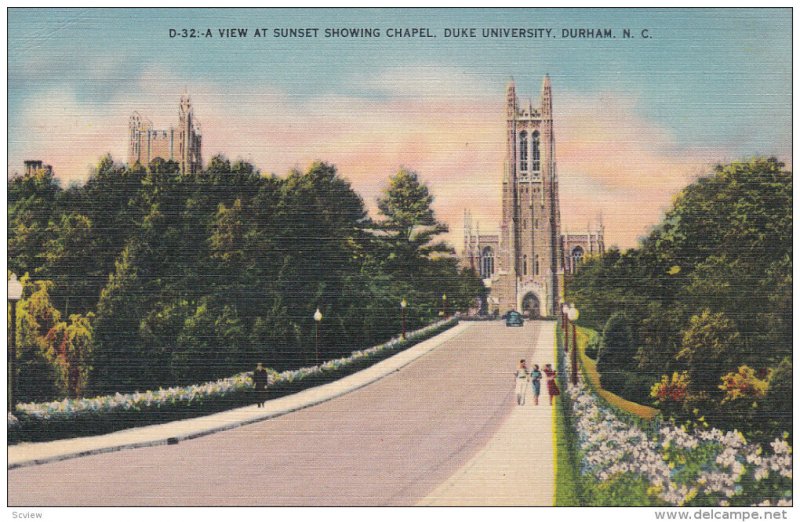 DURHAM, North Carolina; a View at Sunset showing Chapel, Duke University, 30-40s