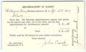 1919 RENSSELAERVILLE NEW YORK ARCHDEACONRY OF ALBANY APPORTIONMENT INVOICE Z4585