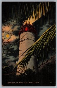 Lighthouse Within City Limits Key West Florida FL Splendid Night View Postcard