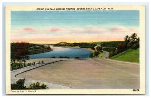 Postcard Scenic Highway looking toward Bourne Bridge, Cape Cod, MA linen C15