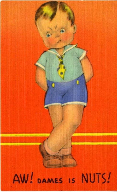 'AW! Dames is Nuts' ~ Boy Child Male Female Comic Cartoon Orange Funny Postcard 