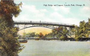 Chicago Illinois~Lincoln Park-High Bridge over Lagoon~Sailboat w Sail Down~c1910