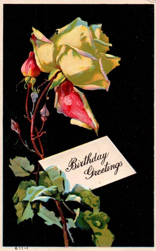 Birthday Greetings - Yellow Rose with Black Background - Embossed - c1908