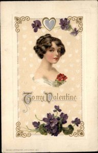 Valentine Beautiful Woman Rose at Bosom Winsch Schmucker Art Nouveau c1910 PC