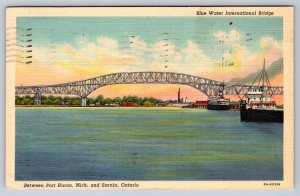 Blue Water Bridge, St Clair River, Sarnia Ontario, 1938 Linen Postcard #1
