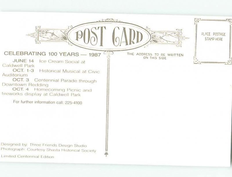 1987 CITY CENTENNIAL & NATIONAL POSTCARD WEEK Redding California CA H9402@