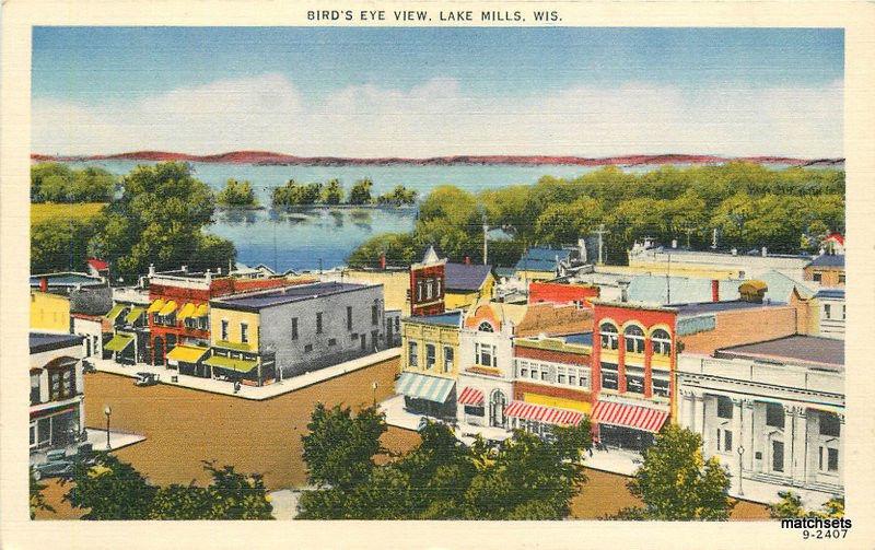 1940's LAKE MILLS WISCONSIN Birdseye View linen Cook postcard 735