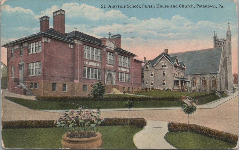 Postcard St Aloysius School Parish House and Church Pottstown PA