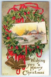 c1910's Christmas Holly Berries Wreath Bells Ringing Winter Scene Car Postcard
