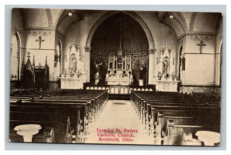 Vintage 1910's Postcard Interior of St. Peters Catholic Church Archbold Ohio