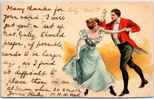 VINTAGE POSTCARD EDWARDIAN BALLROOM DANCING MAILED FROM HUDDERSFIELD UK 1907