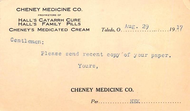 Cheney Medicine Co Advertising 1917 indentation in card, small crease right t...