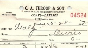 1937 C.A. THROOP & SON COATS-DRESSES CLEVELAND OHIO BILLHEAD STATEMENT Z1381