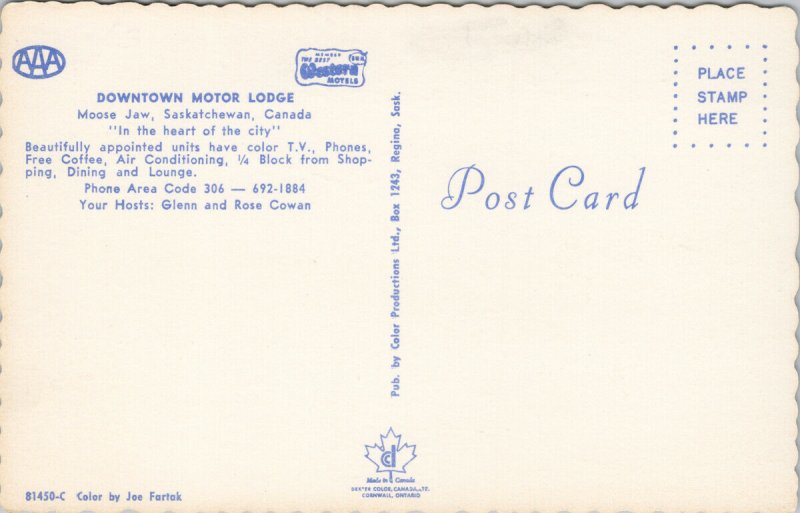 Moose Jaw SK Downtown Motor Lodge Automobiles Unused Postcard G43