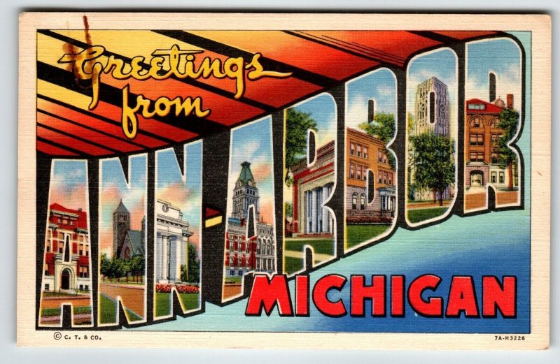 Greetings From Ann Arbor Michigan Large Big Letter Postcard Linen Curt Teich