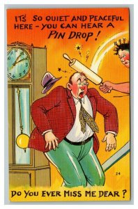 Vintage 1940's Comic Postcard Drunk Man Comes Home Late Gets the Rolling Pin