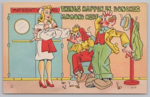 Linen~Two Men & Nurse Holding Babies Things Happen In Bunches~Vintage Postcard