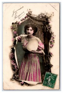 RPPC Tinted Beatiful Woman w Egg Joyeuses Paques Hapoy Easter  Postcard U22