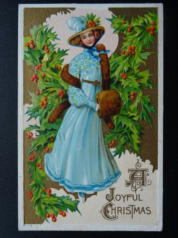 A JOYFUL CHRISTMAS Lady with Fur & Muff c1911 Embossed Canadian Postcard