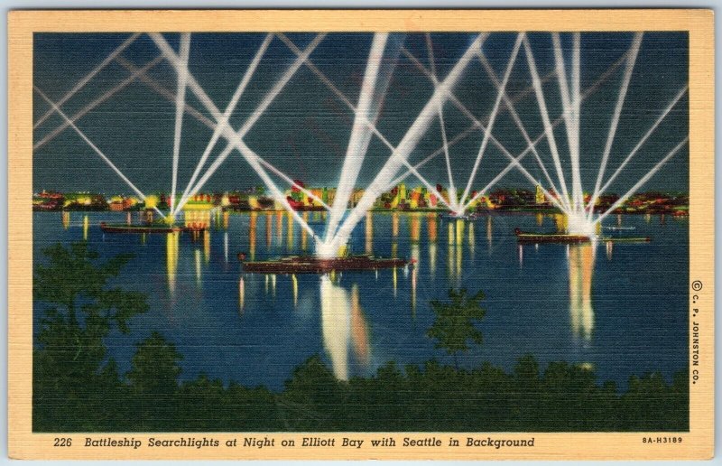 1938 Seattle, Wash. Elliot Bay Steamship Navy Battleship Searchlights Teich A207