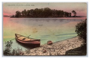 View of Island From Shore Clear Lake Indiana IN hand Colored DB Postcard Y1