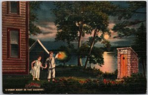 1948 First Night in the Country, Family, Lake, Outhouse, Vintage Postcard