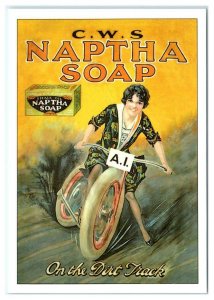 Repro NAPTHA SOAP Woman Riding MOTORCYCLE in Dress-  Advertising  4x6 Postcard