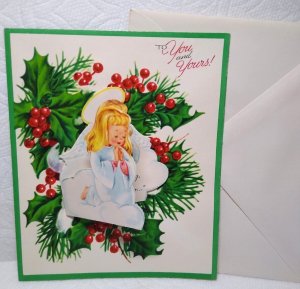 Christmas Greeting Card Angel Poem Diecut Foldout Mid Century Holiday Holly