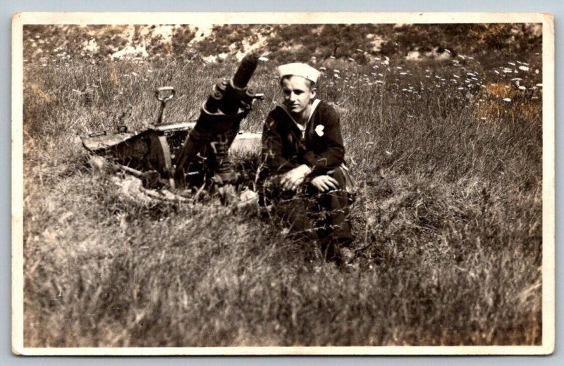 WWI RPPC Real Photo US Navy Sailor Postcard - Artillery Mortar Gun