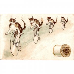 J & P Coats ~ Thread ~ Anthropomorphic ~ Cats on Bicycles ~ Antique Trade Card