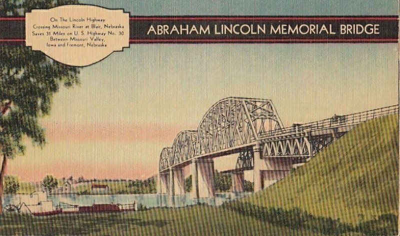 Postcard Abraham Lincoln Memorial Bridge Blair Nebraska NE