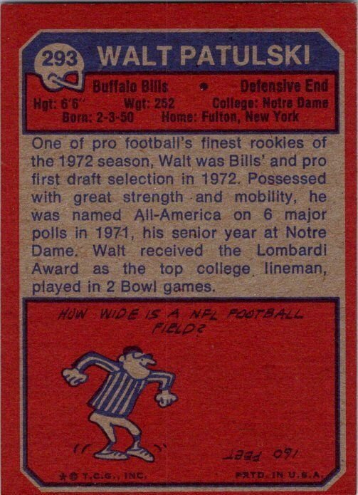 1973 Topps Football Card Walt Patulski Buffalo Bills sk2456