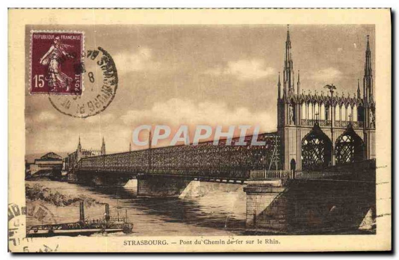 Old Postcard Strasbourg Railway Bridge over the Rhine Boat