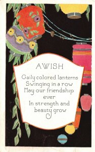 A Wish Gaily Lanterns Swinging Friendship Remembrance Vintage Postcard 1930's