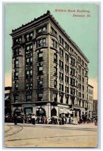 1913 Millikin Bank Building Street View Decatur Illinois IL Antique Postcard