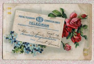 Telegram  Design W/Roses Blue Flowers Congratulations 1910 Embossed Postcard