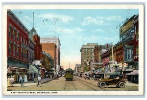 1921 East Fourth Street Trolley Classic Cars Buildings Waterloo Iowa IA Postcard