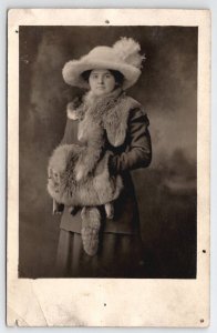 RPPC Edwardian Lady Fur Stole Muff And Large Hat Pennsylvania Postcard A44