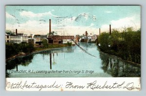 Pawtucket RI-Rhode Island, Looking Up The River Bridge, Vintage c1906 Postcard
