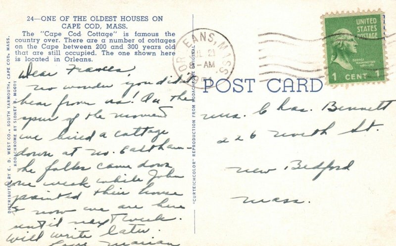 Vintage Postcard 1951 One Of The Oldest Houses Cottage Cape Cod Massachusetts MA
