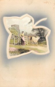 Embossed pastoral scene with maiden and cows Meissner & Buch 1908 postcard