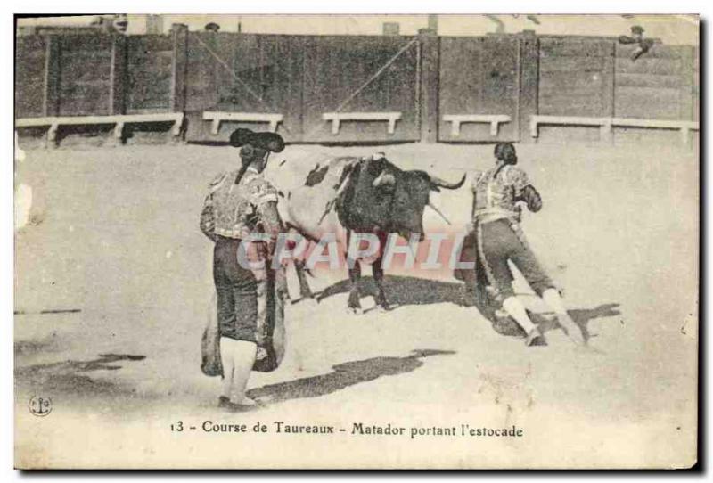 Old Postcard Sport Spain Bullfight Toro Bull Matador bearing the thrust