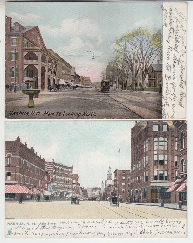 P2083, 2 dif 1907 postcards trolly horse & wagons etc main street nashua NH