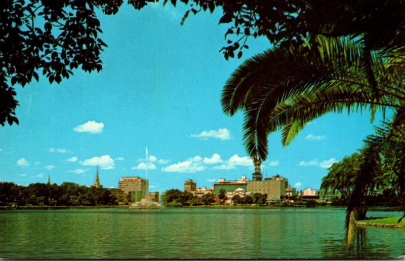 Orlando Florida Skyline & Fountain From Across Lake Eola~Continental  Postcard