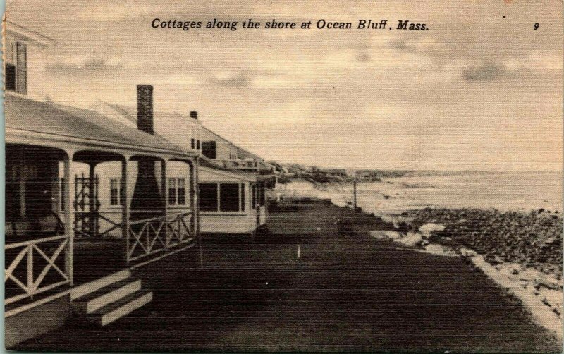 Vintage Leinen Postkarte Hütten entlang Der Shore At Ocean Bluff, Ma